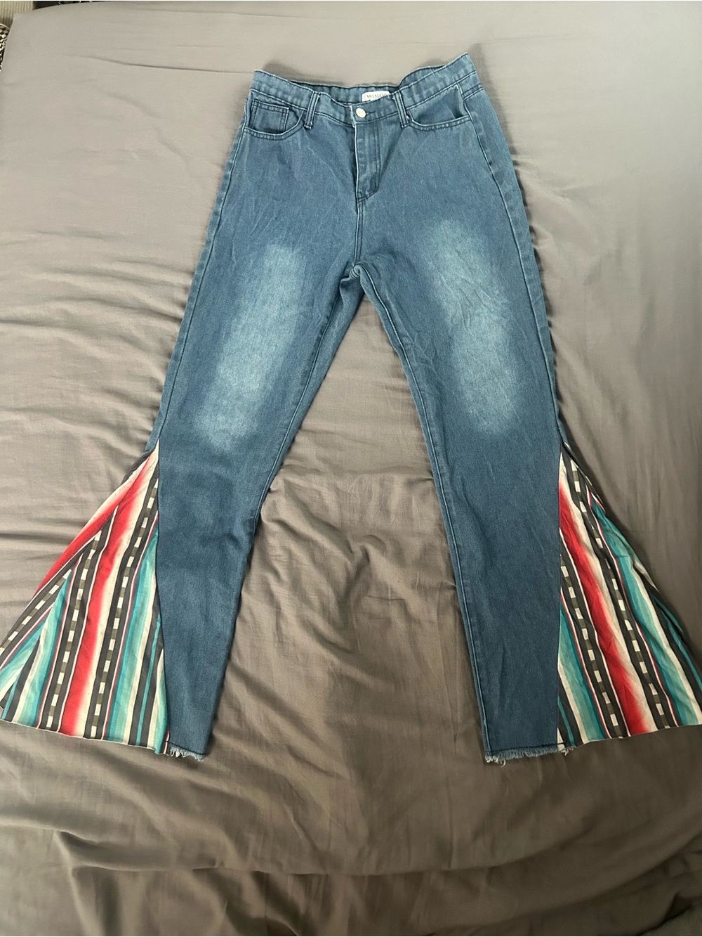 MISSLOOK Blue Denim Flare Jeans with Multicolor Striped Inserts